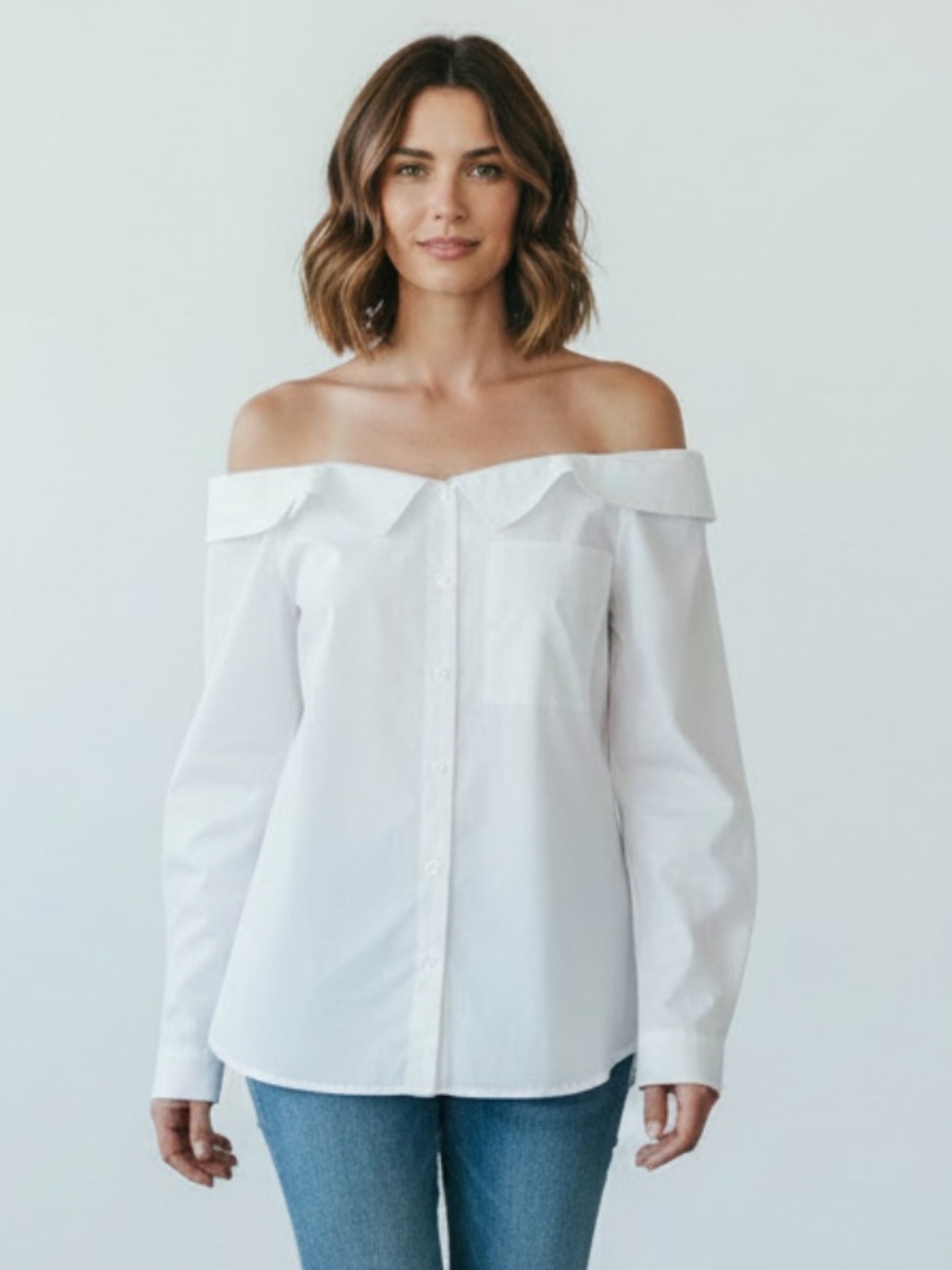 TIBI Notch Collar Poplin Off-Shoulder White Button-Down Women's Top 12